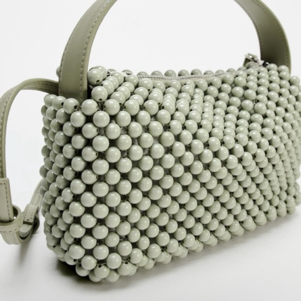 Zara Sage Green Beaded Crossbody Bag Mini Handbag Satin Lining Pastel